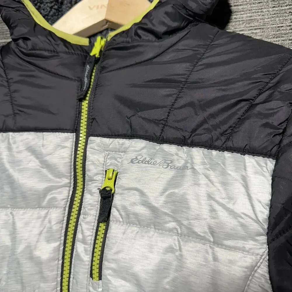 Eddie Bauer Jacket Kids M (10/12) Gray Black Full Zip Fleece Puffer Nylon